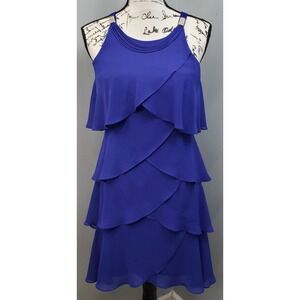 SLNY by Fashions New York Tiered Chiffon Dress Women Petite 6 Blue Brooch Straps